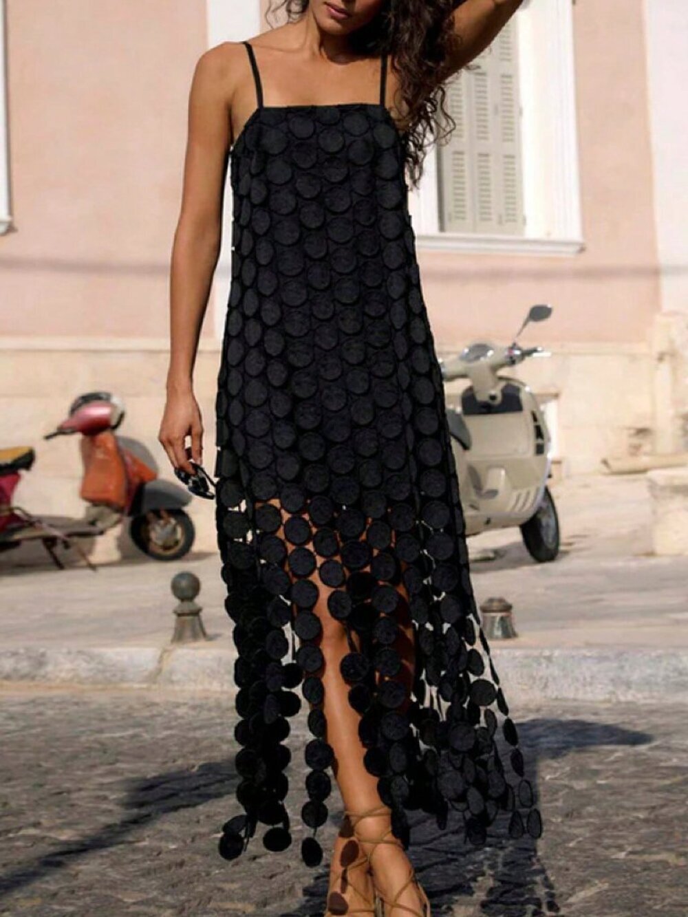 Black Sexy Women's Slip Dress with Spaghetti Straps and Fringe Hem